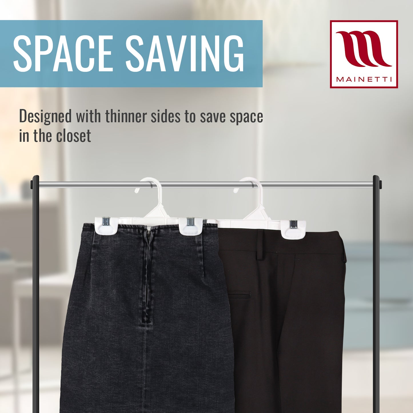 Mainetti 1004, 8" White all Plastic, Pant Skirt Slack Bottom Hangers, with sturdy plastic non-slip clips