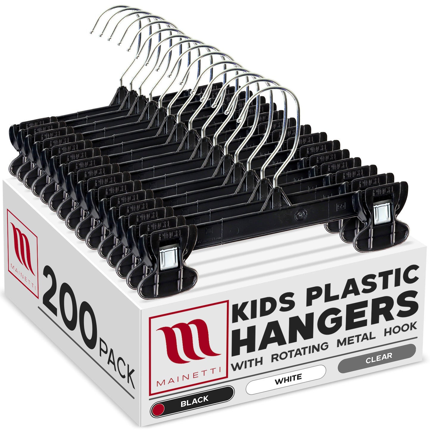 8" Black Plastic Pant/Skirt Slack-Bottom Hangers With Turnable Metal Hook & Plastic Non-Slip Clips (Mainetti 6008)