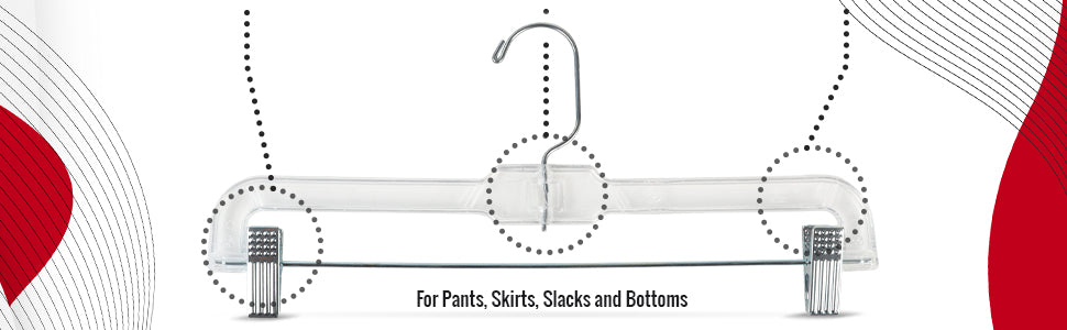 Mainetti 5131, 14" Clear Plastic, Pant Skirt Slack Bottom Hangers, with 360 swivel metal hook, sturdy metal non-slip padded clips