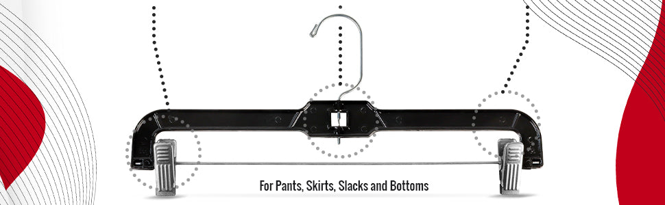 Mainetti 5131, 14" Black Plastic, Pant Skirt Slack Bottom Hangers, with 360 swivel metal hook, sturdy metal non-slip padded clips
