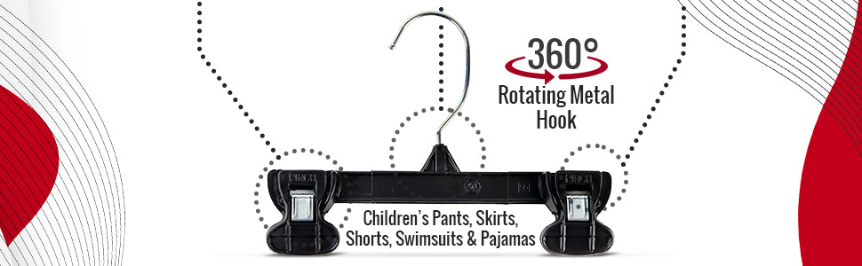8" Black Plastic Pant/Skirt Slack-Bottom Hangers With Turnable Metal Hook & Plastic Non-Slip Clips (Mainetti 6008)