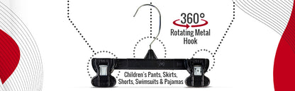 8" Black Plastic Pant/Skirt Slack-Bottom Hangers With Turnable Metal Hook & Plastic Non-Slip Clips (Mainetti 6008)
