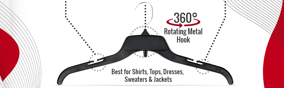 Mainetti 484, 17" NEW Black Plastic, Shirt Top Dress Hangers, with turnable metal hook and notches for straps