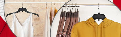 Mainetti 484, 17" NEW Black Plastic, Shirt Top Dress Hangers, with turnable metal hook and notches for straps