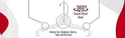 Mainetti 5075, 12" Clear Plastic, Children's Shirt Top Dress Hangers, with 360 swivel metal hook and notches for straps