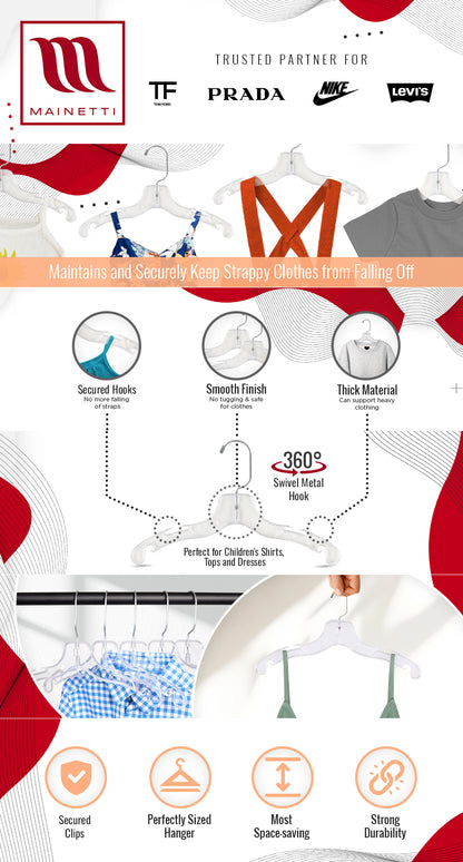 Mainetti 5075, 12" Clear Plastic, Children's Shirt Top Dress Hangers, with 360 swivel metal hook and notches for straps