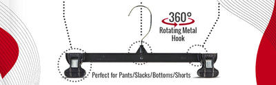 Mainetti 6012, 12" Black Plastic, Pant Skirt Slack Bottom Hangers, with turnable metal hook, sturdy plastic non-slip clips