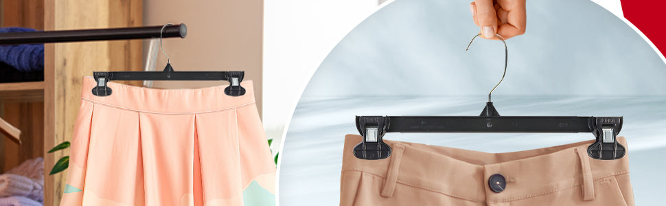 Mainetti 6012, 12" Black Plastic, Pant Skirt Slack Bottom Hangers, with turnable metal hook, sturdy plastic non-slip clips