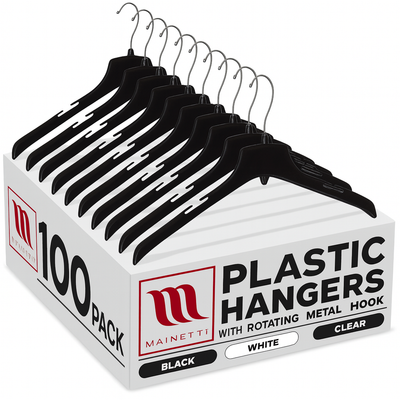 Mainetti 3329, 17" Heavy Duty Black Plastic, Jacket Coat Outerwear Hangers, with long turnable metal hook