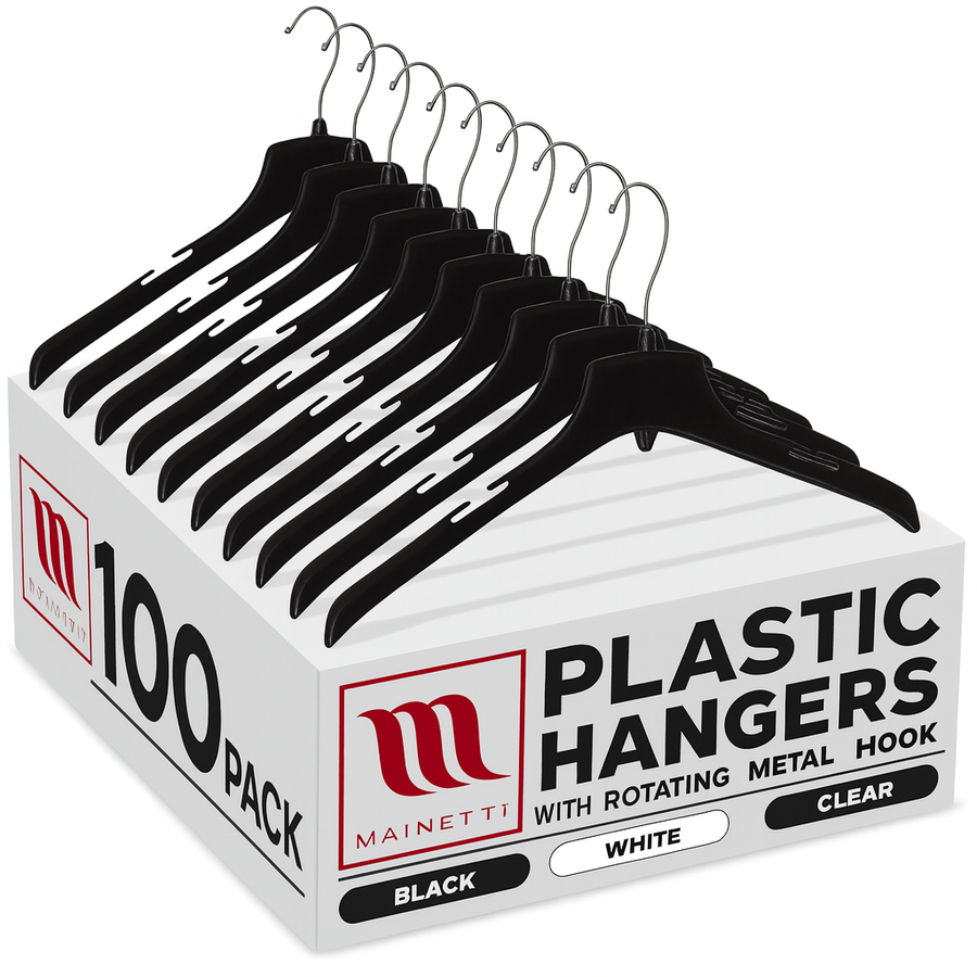 Mainetti 3329, 17" Heavy Duty Black Plastic, Jacket Coat Outerwear Hangers, with long turnable metal hook