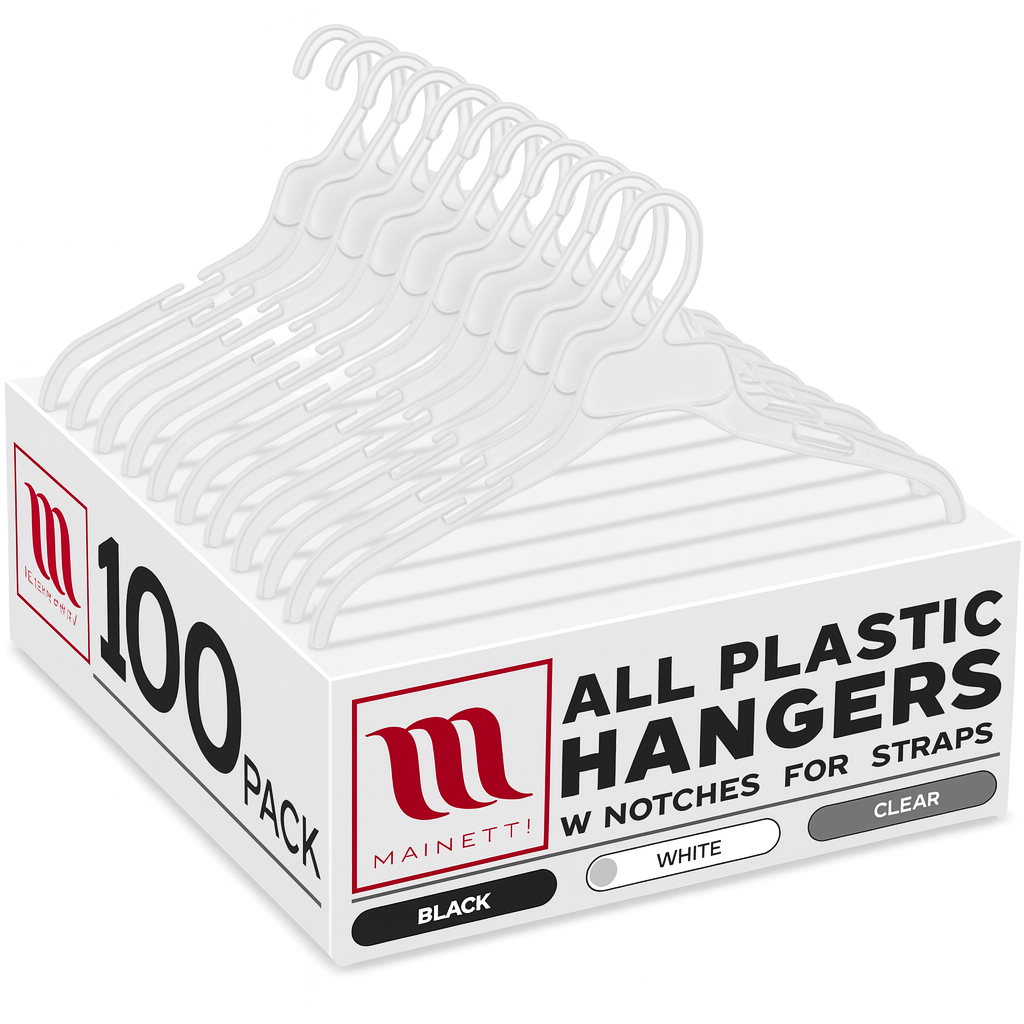 15" White All Plastic Shirt Top Dress Hangers With Notches For Straps (Mainetti 472)