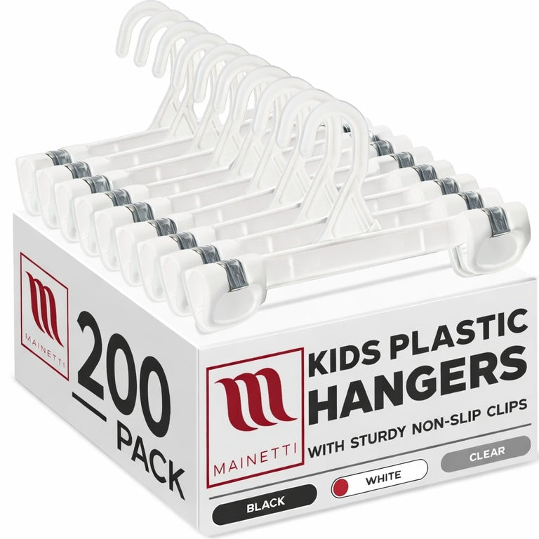 8" White All Plastic Pant Skirt Slack Hangers With Sturdy Non-Slip Clips (Mainetti 1004)