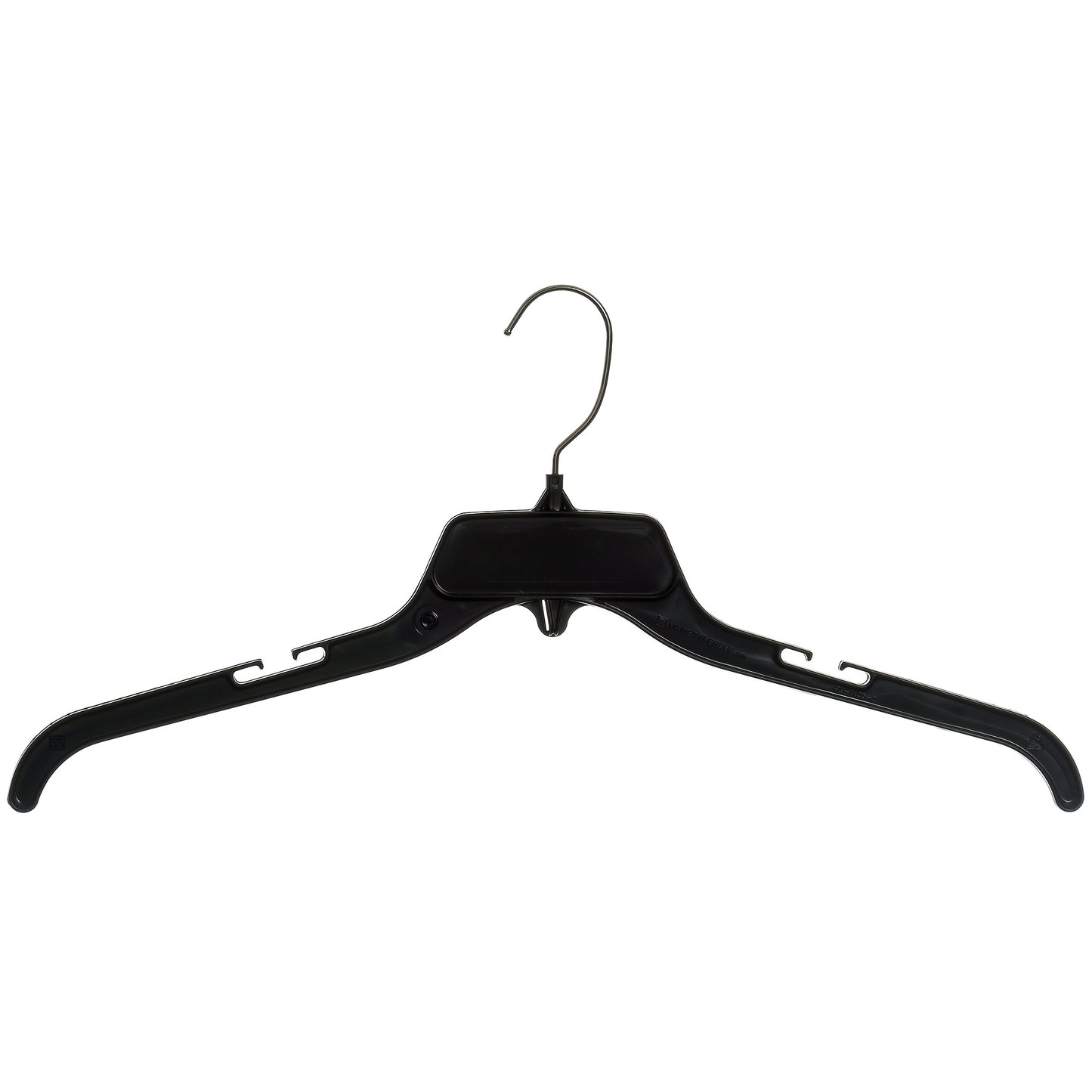 19" Black Plastic, Shirt Top Dress Hangers, with metal hook and notches for straps (Mainetti 479)