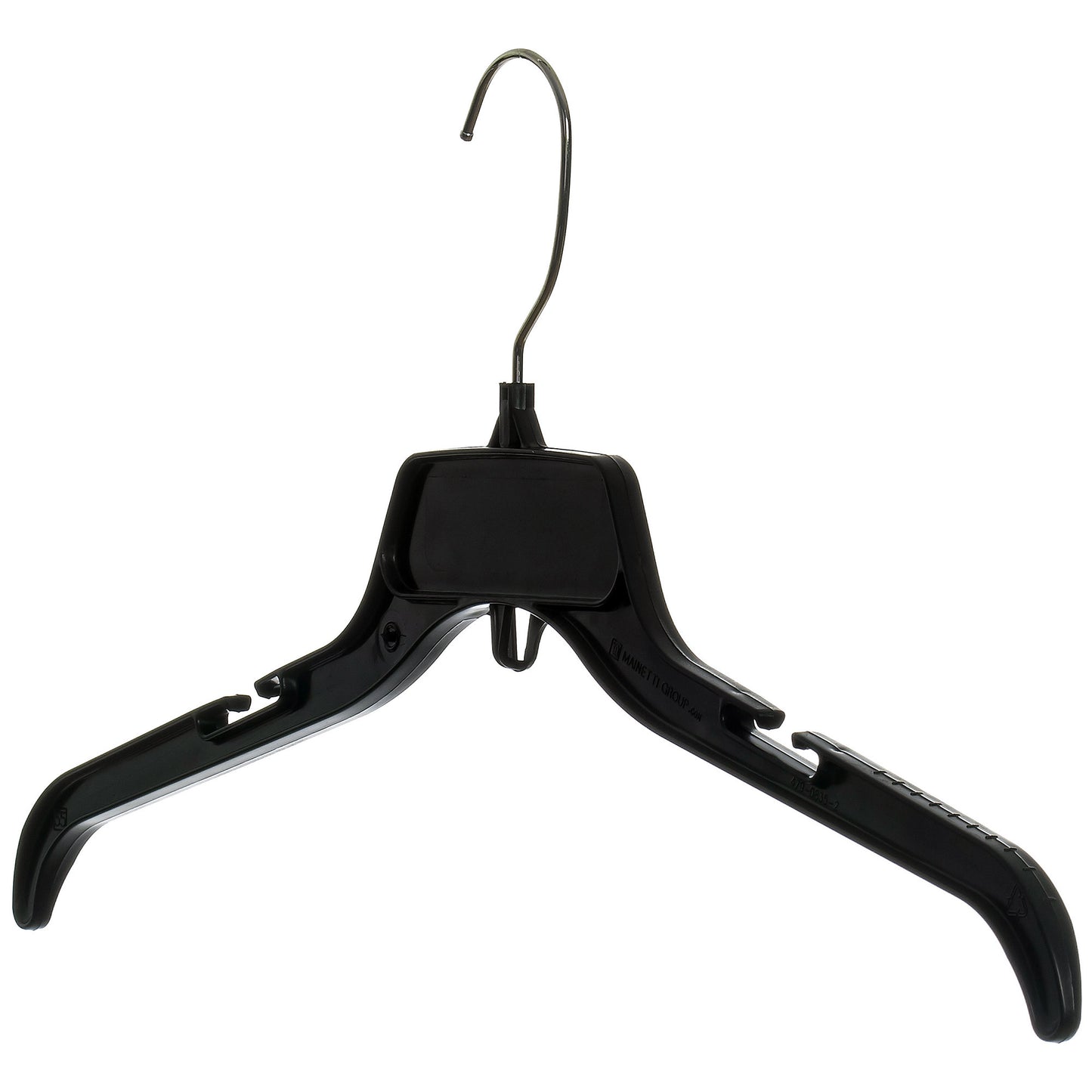 19" Black Plastic, Shirt Top Dress Hangers, with metal hook and notches for straps (Mainetti 479)