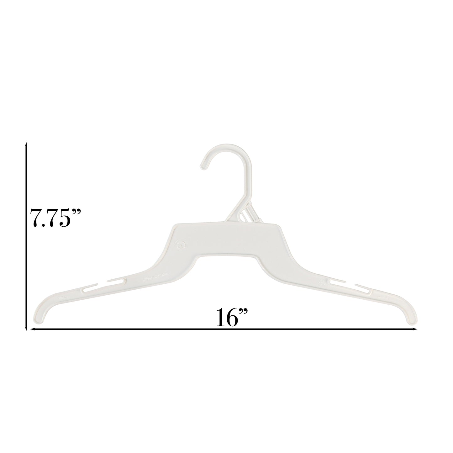 16" White all Plastic, Shirt Top Dress Hangers, with notches for straps (Mainetti 340)