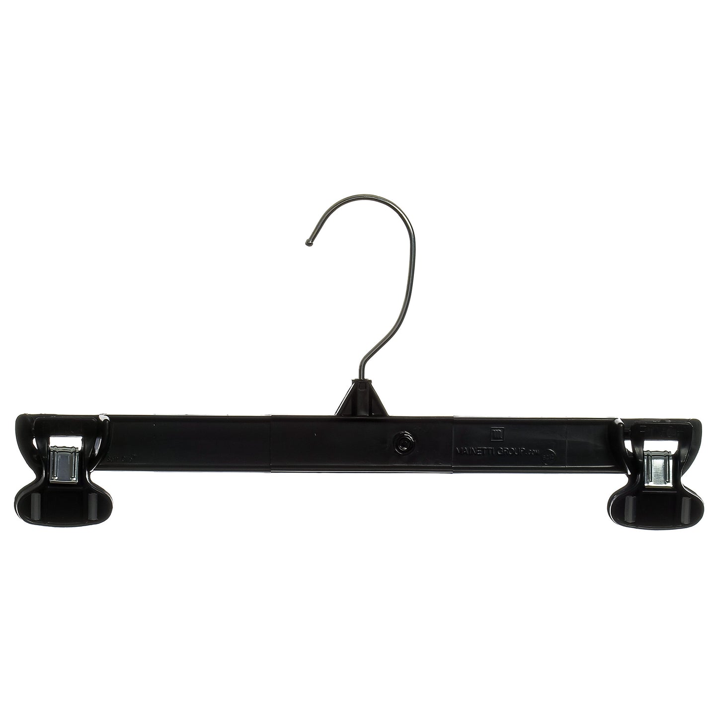 Mainetti 6212, 12" Black Plastic, Pant Skirt Slack Bottom Hangers, with turnable metal hook, sturdy padded non-slip plastic clips