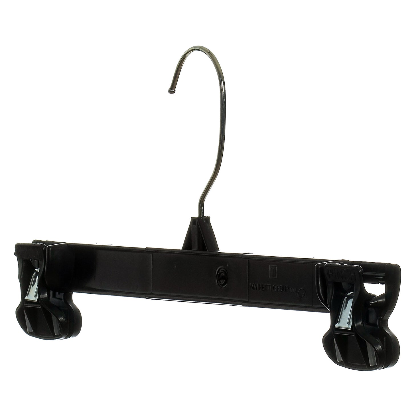 Mainetti 6212, 12" Black Plastic, Pant Skirt Slack Bottom Hangers, with turnable metal hook, sturdy padded non-slip plastic clips