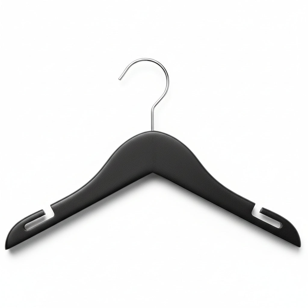 A black wooden shirt hanger with metal hooks and an L notch.