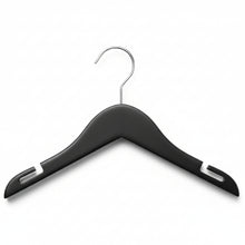 A black wooden shirt hanger with metal hooks and an L notch.