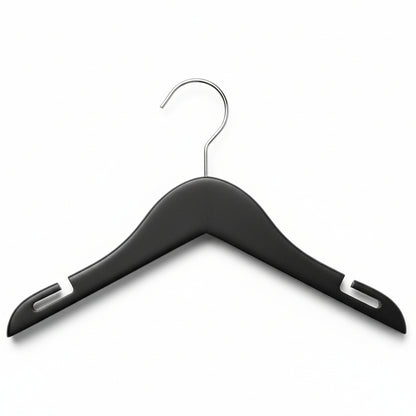 A black wooden shirt hanger with metal hooks and an L notch.