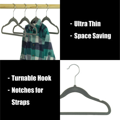 11.75" Grey Flocked/Velvet Ultra-Thin Top and Bottom Hangers